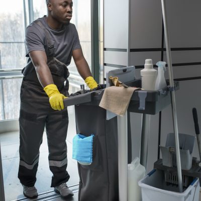 homme-plein-coup-marchant-avec-chariot-de-nettoyage